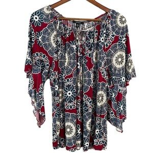 Espresso Asymmetrical Blue and Red Blouse 3/4 Sleeve